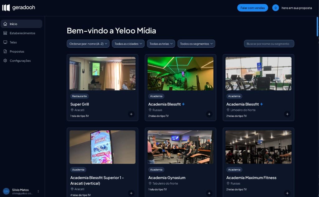 Painel do Geradooh para gestão comercial OOH/DOOH: inventário de telas, catálogo de painéis e propostas comerciais