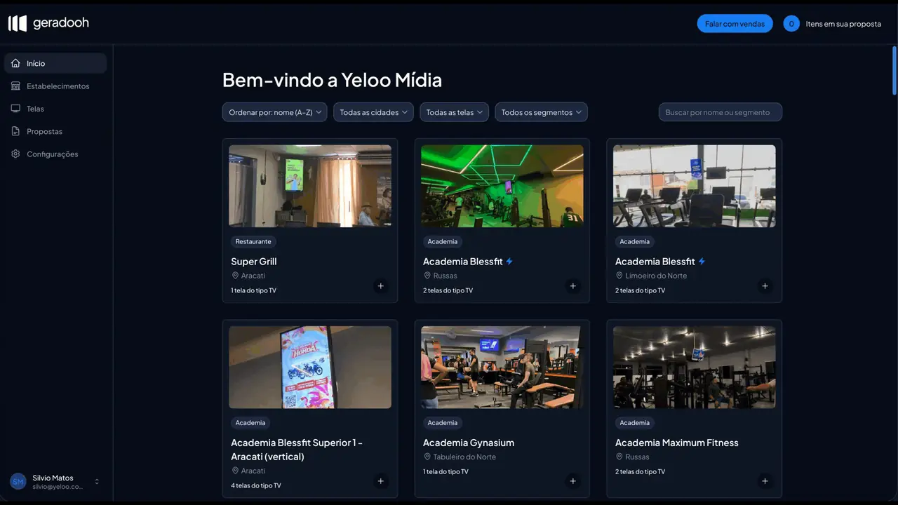 Catálogo comercial do Geradooh com inventário on-line de telas e painéis OOH/DOOH, fotos e métricas de impacto